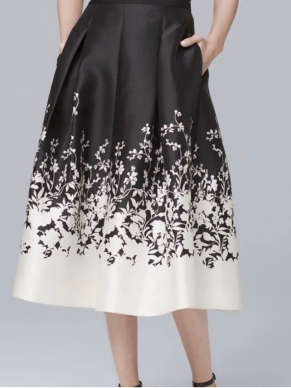 WHBM White House Black Market Midi High Waist Skirt Sz 4 Black White Floral NWT